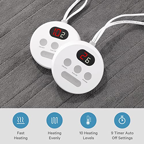 Electric Heated Mattress Pad Underblanket Bed Warmer King Size Fast Heating & 10 Heated Levels & 9 Timer Auto Off Settings, Dual Controllers & Overheat Protection Machine Washable Home Use-Grey #TOP2