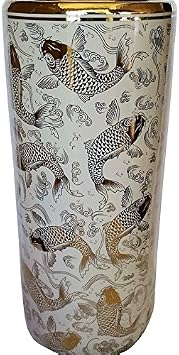 Oriental Furnishings Asian Porcelain Umbrella Stand Canister Vase Gold Fish on White Glaze