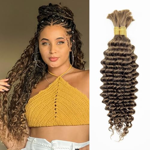 Human Braiding Hair Deep Wave Bulk Human Hair for Braiding No Weft (1 Pack-2 Bundles-100g) Human Braiding Hair for Boho Braids (30#, 16Inch)