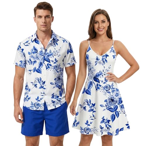 Image of DRESSFO Matchable Couples' Outfit Tropical Flower Leaf Print Button-up Shirt Or Strappy Dress