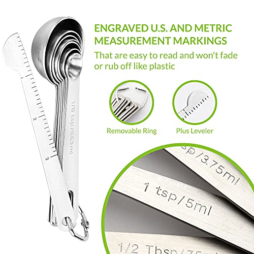 Spring Chef - Round Stainless Steel Measuring Spoons With Handy Leveler, Easy To Read Markings For Measuring Dry Or Liquid Ingredients, Medicine, And More, Set Of 8 #TOP3