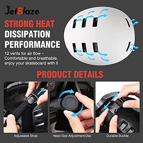 JetBlaze Skate Helmet, Climbing Helmet, Bicycle Helmet, Rollerblading Helmet, Longboard Helmet for Kids, Youth, Women, Men (White, M)
