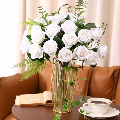 JUSTOYOU 20 PCS White Rose Artificial Flower,Silk Blooming Rose with Stem,Artificial Rose Bouquet Realistic Flower for Home Table Office Party Wedding Garden Arrangements(white rose) - Image 3