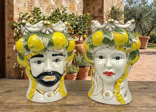 Mondocreazioni Coppia teste di moro regina e re in ceramica decorata stile siciliano vasi moderni gic (LIMONI, 16 X 16 X 25 CM)