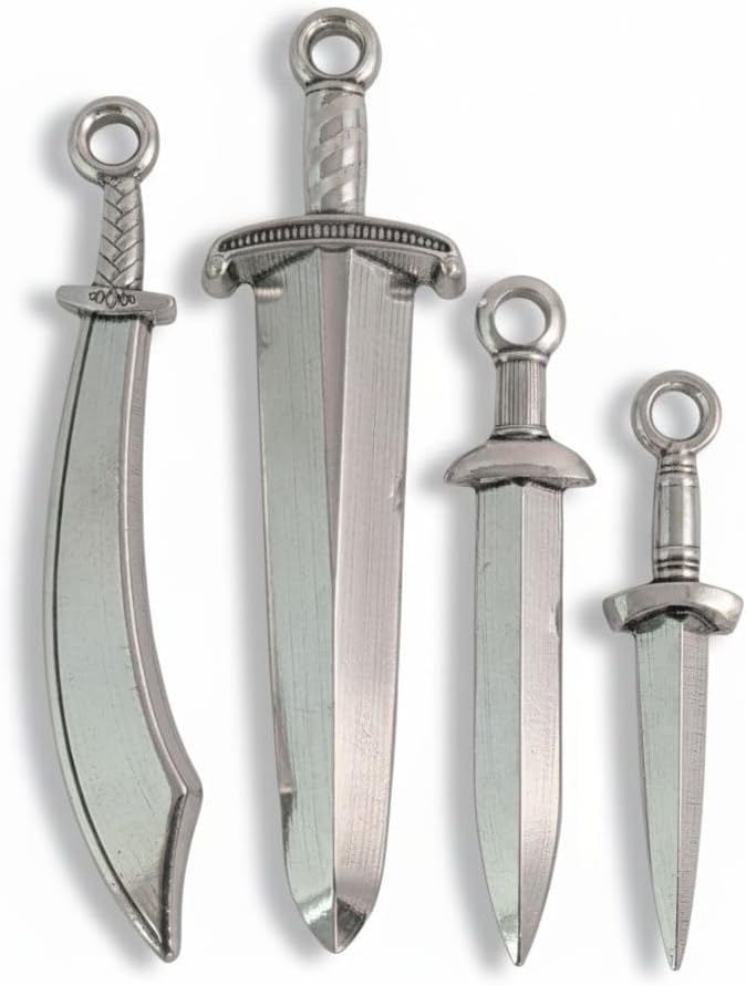 Roosfoos Sword Measuring Spoons Set of 4, Pewter, Medieval Blade Designs - Broadsword, Scimitar, Gladius, Dagger, Handcrafted in USA