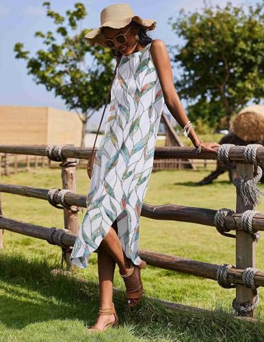 Image of Zeagoo Women Floral Summer Casual Beach Printed Tank Dress with Pockets Pleated Front Long Dress