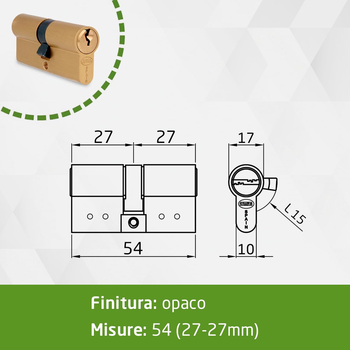 AMIG - Cilindro Serratura di Sicurezza per Porte in Legno - Misura 54 (27-27) mm - 5 Pini - Antiforo - Leva di 15 mm - Include 3 Chiavi in Ottone - Finitura Opaca