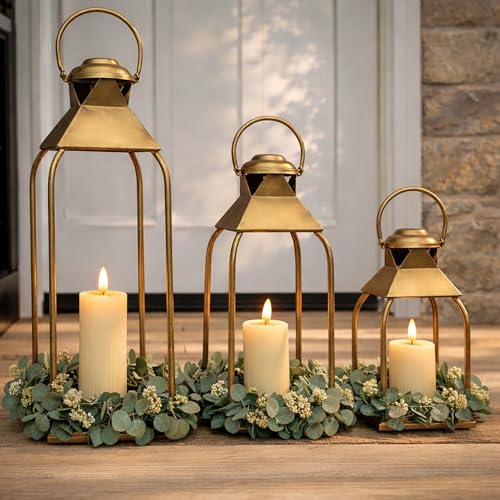 Decorative Metal Lanterns Indoor Outdoor Candle Holder for Porch Patio Fireplace Floor Wedding Christmas Fall Holiday Farmhouse Table Centerpiece (Antique Gold Set of 3 20 15.7 12)