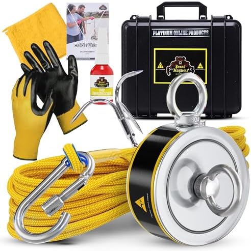 1320LB’s Complete Magnet Fishing Kit | Double Sided Fishing Magnet Kit with Case | Includes Strong Neodymium N52 Magnets, Durable 65ft Rope, Carabiner, Gloves, Grappling Hook & Carry Case