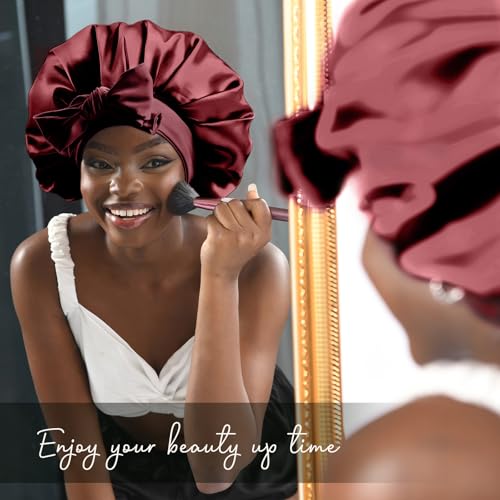 YANIBEST Silk Bonnet for Sleeping Women Satin Bonnet Double Layer Satin Lined Hair Bonnet with Tie Band Curly Hair Burgundy - Thumbnail 4