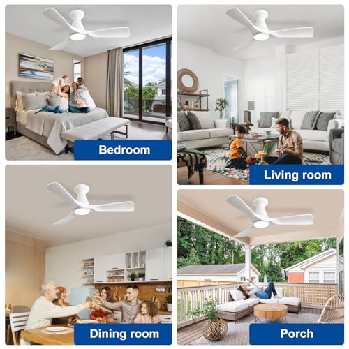Image of Depuley 42-Inch Ceiling Fans with Lights: White 3 Blade Flush Mount Low Profile Ceiling Fan for Bedroom - Dimmable Indoor Outdoor Fan with Remote Control Ultra Quiet DC Motor Timer