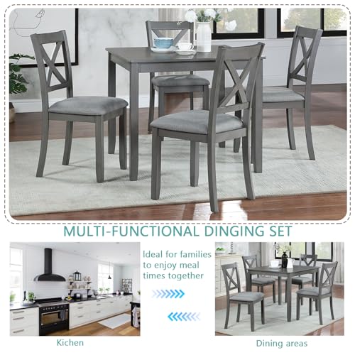 Image of Harper & Bright Designs Modern 5-Piece Wooden Dining Table Set for 4, Grey Square Kitchen Table & 4 Upholstered Seating Chairs, Acacia /Birch Veneer, Space-Saving Design for Dining Room & Small Spaces
