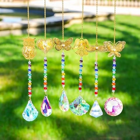 DOFE 6 PCS Gold Butterfly Colorful Crystals Suncatcher Hanging for Window Crystal Ball Rainbow Maker Pendants for Garden Christmas Tree Wedding Party Courtyard Car Home Decorations. (6 PCS Gold) Cover