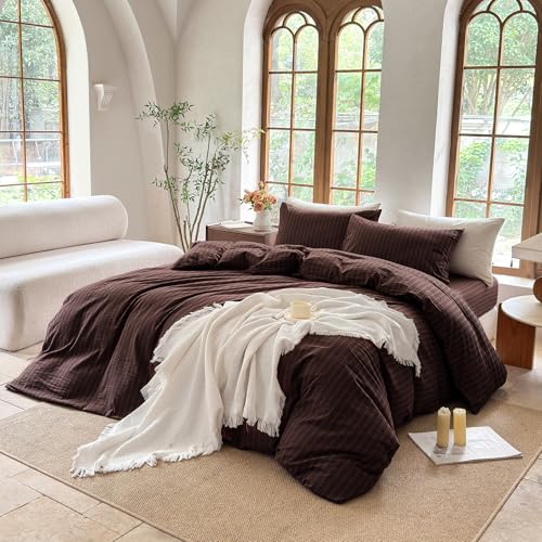 BESTDESIL Striped Duvet Cover Set 100% Washed Cotton Linen Like Soft Feelling Breathable Bedding(Pine Bark Brown/Black Strip,Queen) by BESTDESIL - Used condition - Image 3