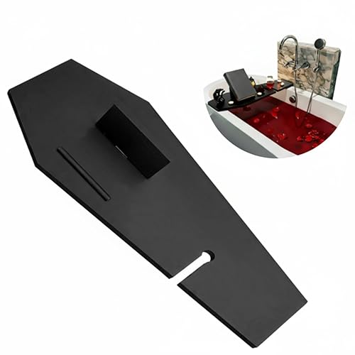 Barydat Halloween Decorations Coffin Bath Tray Gothic Coffin Serving Tray with Tablet Stand Spooky Goth Bathtub Caddy Black Wood Bath Board for Halloween Home Decor Bathroom Accessories
