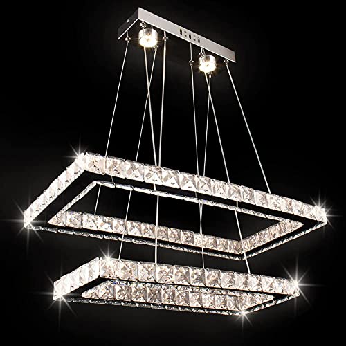 Modern Rectangular Crystal Chandelier Led 2 Rings Ceiling Light Stainless Steel Pendant Light Fixture For Dining Room Living Room Bedroom(Variable Light), 16.93”+20.47”-V #TOP4