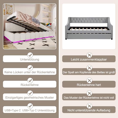 HYUB Polsterbett 140x200 cm, Tagesbett Doppelbett mit Rückenlehne und Bettkasten, Hydraulisches Bett mit Beleuchtung und Lattenrost, für Schlafzimmer und Gästezimmer, Vliesimitat, Weiß – Bild 7