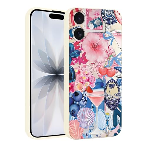 RUMDEY for iPhone 17 6.3'' Cute Pink Flower Blueberry Cherry Fruit Summer Collage Phone Case, Retro Seashells Wine Glass Design Phone Cover Soft TPU Shockproof Protective Case for Women Girls