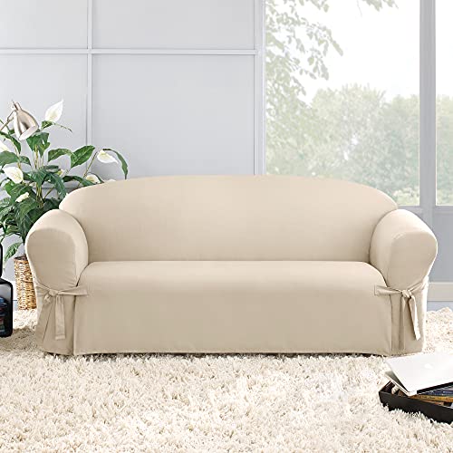 SureFit Home Décor Duck Cotton Solid Sofa Slipcover (Natural Color) - One Piece Full Length Relaxed Sofa Cover with Corner Ties/Machine Washable/Perfect for Protecting Your Favorite Furniture - Image 3