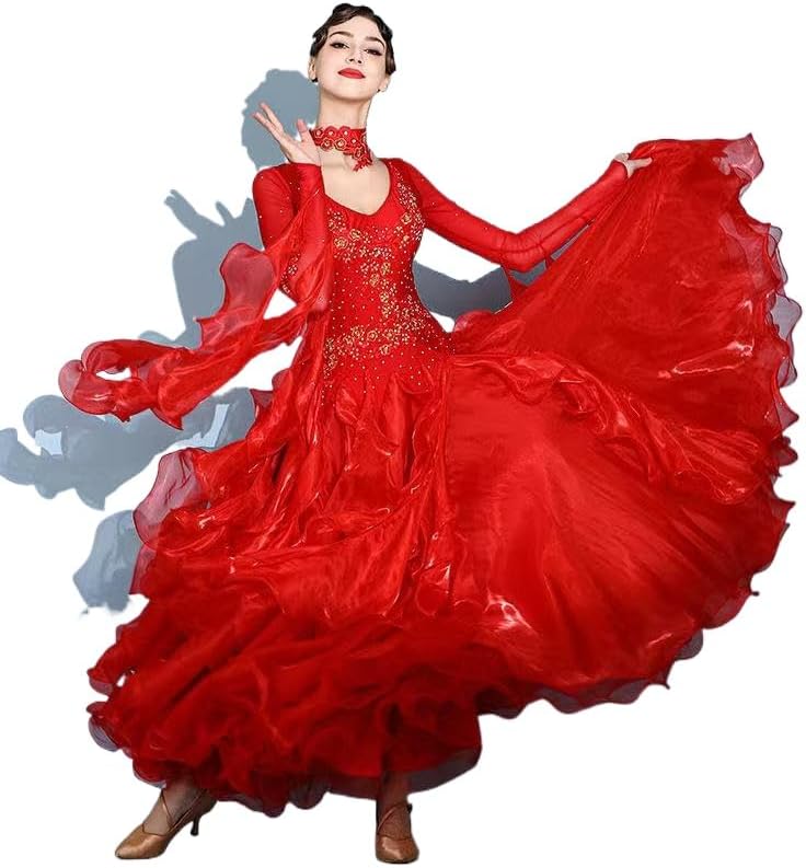 HEARTTOUCH Women Modern Waltz Tango Dress Dance Dress Long Sleeve Ballroom Professional Performance Competition Costume