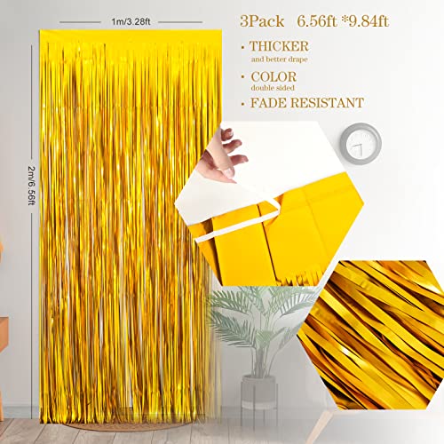 Lolstar Gold Foil Fringe Curtains, 3 Pack 3.3X6.6 Ft Matte Gold Party Decorations Photo Booth Props Gold Birthday Decorations Streamers Backdrop For Gender Reveal, Graduation, Retirement, Bachelorette #TOP4