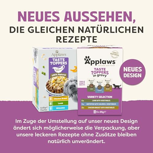Applaws Premium Natural Nassfutter für Hunde, getreidefreie Auswahl an Huhn und Fisch in Sauce, Futter-Topping für Hunde 6 x 85g Packung