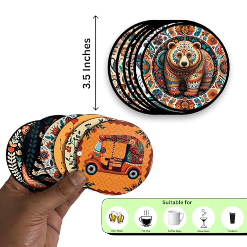Image of Zesta Coasters for Cups Set of 6 / Wooden Coasters for Bar Accessories for Home /Tea Coaster Set of 6 / Waterproof Dining Table Decor Glass Cover (Mandala Animal, Circle)
