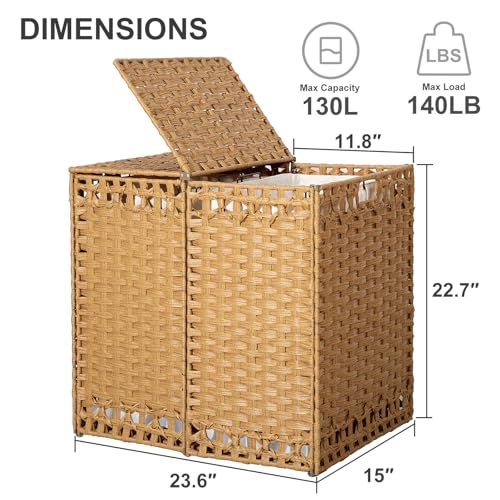 130L Foldable Laundry Hamper with Lid - Handwoven Rattan Storage Basket, 2-Section Clothes Hamper w/2 Removable Liner Bags, Easy Assembly, Portable for Bedroom Bathroom Dorm,Natural by KOUSEI - Used condition - Image 3