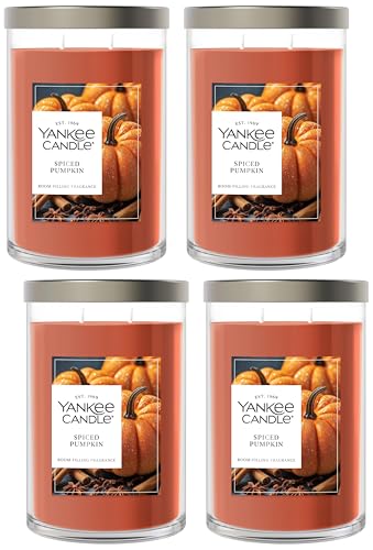 Image of Yankee Candle Large Tumbler Scented Candle with up to 80 Hour Burn Time, Premium Plant Wax Blend for Consistent Burn, 20 oz Tumbler Candle with Room Filling Fragrance, Spiced Pumpkin (Pack of 4)