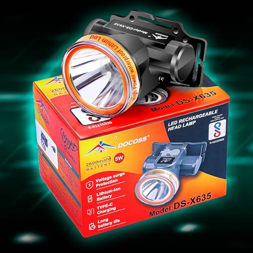 Image of DOCOSS Ultra Bright Waterproof LED Headlamp for Trekking,(Working Time-8-14 Hrs) Head Light Torch,Head Torch Rechargeable Long Distance for Camping, Cycling &Outdoor Activities (Big Battery)