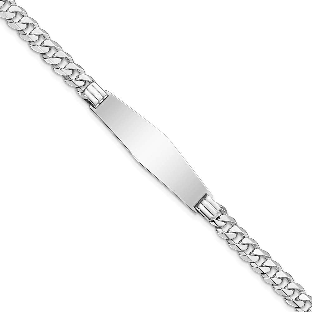 Engravable Personalized Custom 14K White Gold Flat Curb Link Soft Diamond Shape ID Bracelet For Men or Women Length 7 inches Width 10 mm