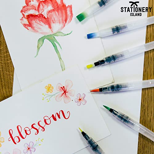 STATIONERY ISLAND Watercolour Brush Pens, Set of 6, Refillable Water Brush Pens with Long Tank