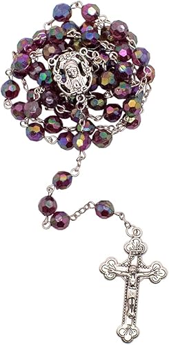 Rosario de piedra natal Cuentas iridiscentes multifacéticas con medalla central plateada y crucifijo Gran regalo católico para la primera comunión