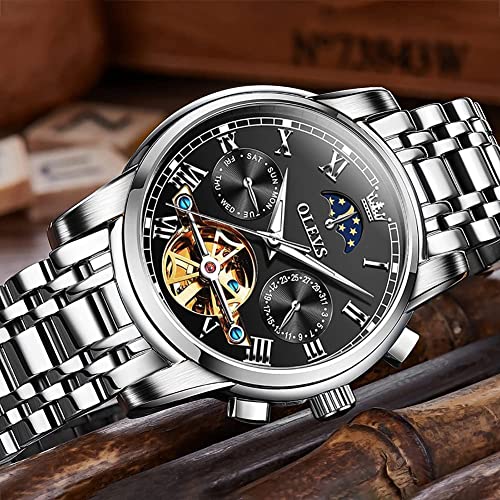 Image of OLEVS Men Watch Automatic Mechanical Skeleton Moon Phase Dress Business Stainless Steel 3AT Waterproof Luminous Men Wrist Watch