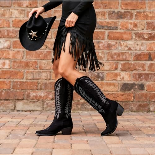 Image of Tscoyuki Cowboy Boots for Women: Embroidered Western Knee High Boots Women - Pointed Toe Chunky Heel Cowgirl Tall Boots