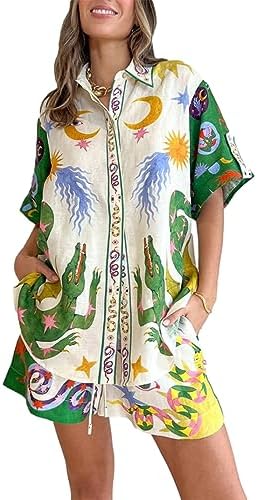 Peaceglad Women&#39;s Print 2 Piece Pajama Set Short Sleeve Button Down Tops Drawstring Shorts Loungewear Sleepwear Sets