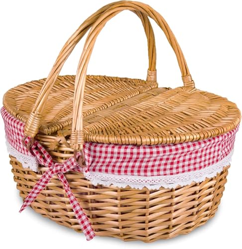 SLEEPHEADWicker Picnic Basket with Lid and Handle Natural Study Willow Basket with Washable Liner Vintage-Style Woven Easter Basket for Picnic Camping Outdoor (RED)