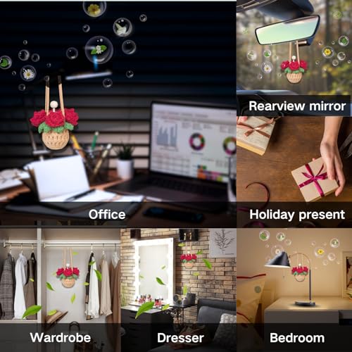 Image of ROFIGL Handmade Crochet Hanging Car Air Freshener - Romantic Red Rose Design, 12ml Refillable Thick Glass Bottle, Car Diffuser for Rearview Mirror, Home & Office Romantic Decor
