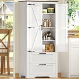 TEENFON 168 cm H Küchenschrank mit 2 Schubladen, Landhaus Mehrzweckschrank mit 2 Türen & Verstellbarem Einlegeboden, 60 cm B Vorratsschrank für Wohnzimmer, Bad & Küche - 60 x 30 x 168 cm - Weiß