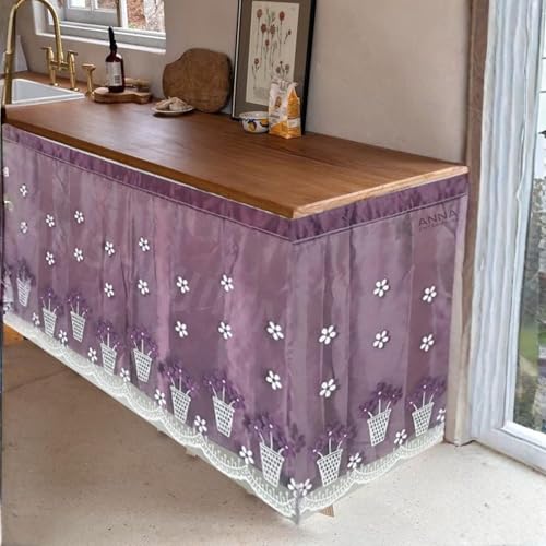 Image of Embroidered Kitchen Sink Curtain with Rod Pocket | Decorative Under Sink Cabinet Curtain | Floral & Peacock Design | Washable Fabric | Size: 150 x 71 CM (Purple, Pack of 1)