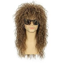 karlery 70s 80s Rocker Metal Mullet Wig Mens Long Curly Light Brown Wig for Halloween Costume Anime Party