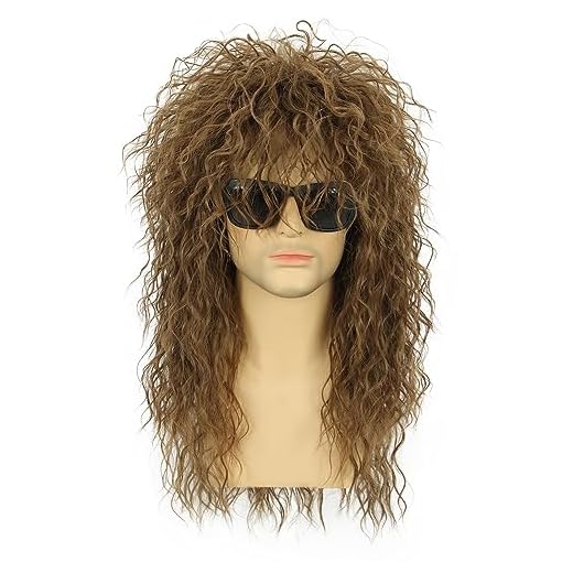 Karlery Herren Lange Lockige Hellbraune Mullet Perücke 70er 80er Jahre Rocker Metall Vokuhila Perücke für Halloween Kostüm und Anime Party