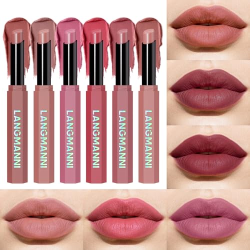 Image of BestLand 6PCS Pink & Rose Matte Lipstick Set - Soft Nude Pink, Dusty Rose & Berry Shades - Creamy Velvet Long Lasting Lip Color Collection - Lightweight Full Coverage Blur Effect Lip Makeup Kit