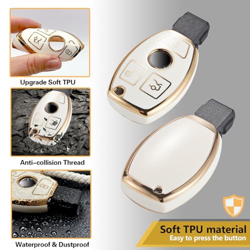 Image of Key Fob Cover for Mercedes Benz, Rhinestone Loop Case, Gold Edge | Wear-resistant TPU shell, rhinestone-accent PU loop, daily splash, scratch and drop protection, normal signal use, easy setup