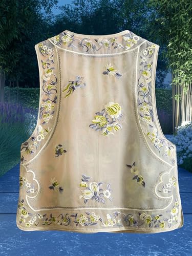 Chaleco de seda bordado HangErFeng de cuello redondo para mujer sin mangas 3