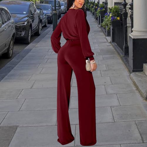 Image of shengfan Formal Jumpsuits for Women Dressy Evening Sexy Deep V Neck Plus Size Long Wide Leg Pants Rompers Clubwear