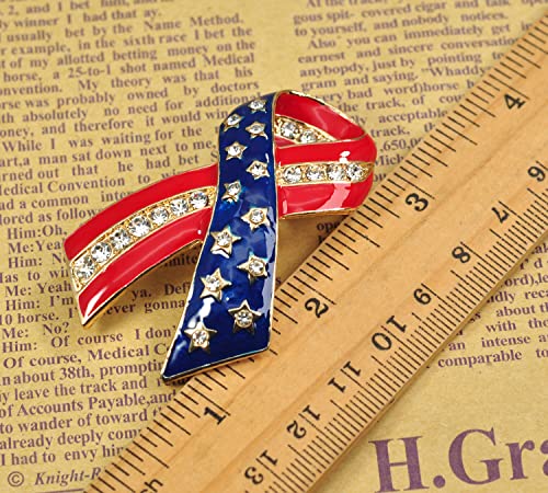 Image of Gyn&Joy Gold Tone Clear Crystal Rhinestones America USA Flag Star Ribbon Patriotic Pin Brooch