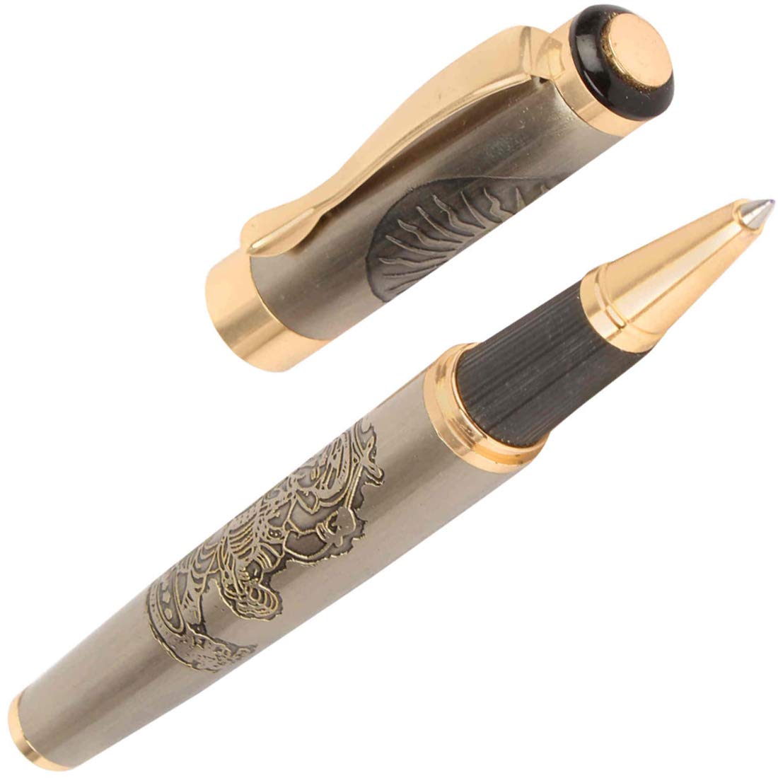 Oculus® Carving 0103 Designer auspicious Dancing Lord Ganesha / Ganpati With Dandiya and Om Peace Metal Roller Ball Pen in Copper and Golden Color. Fitted With Germany Made Refill and Presented in Premium Quality Magnetic Auto Closing Gift Box.