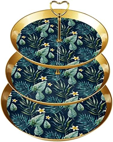 Green Tropical Leaves and Frangipani 3-Tier Cupcake Stand Serving Tray, Embossed Dessert Cake Stand, Pastry Serving Stand for Wedding, Tea Party, Birthday