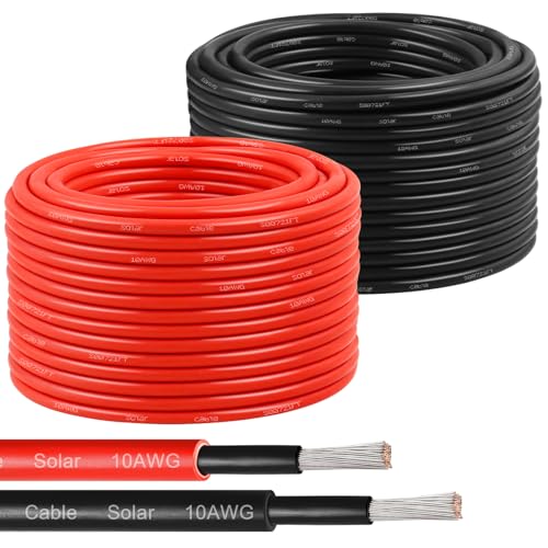 Solar Panel Wire 10 AWG(6mm²) - Solar Extension Cable 100Ft Black & 100Ft Red 10 Gauge Tinned Copper PV Wire for Outdoor Automotive RV Solar Panel Boat Marine (Black+Red)
